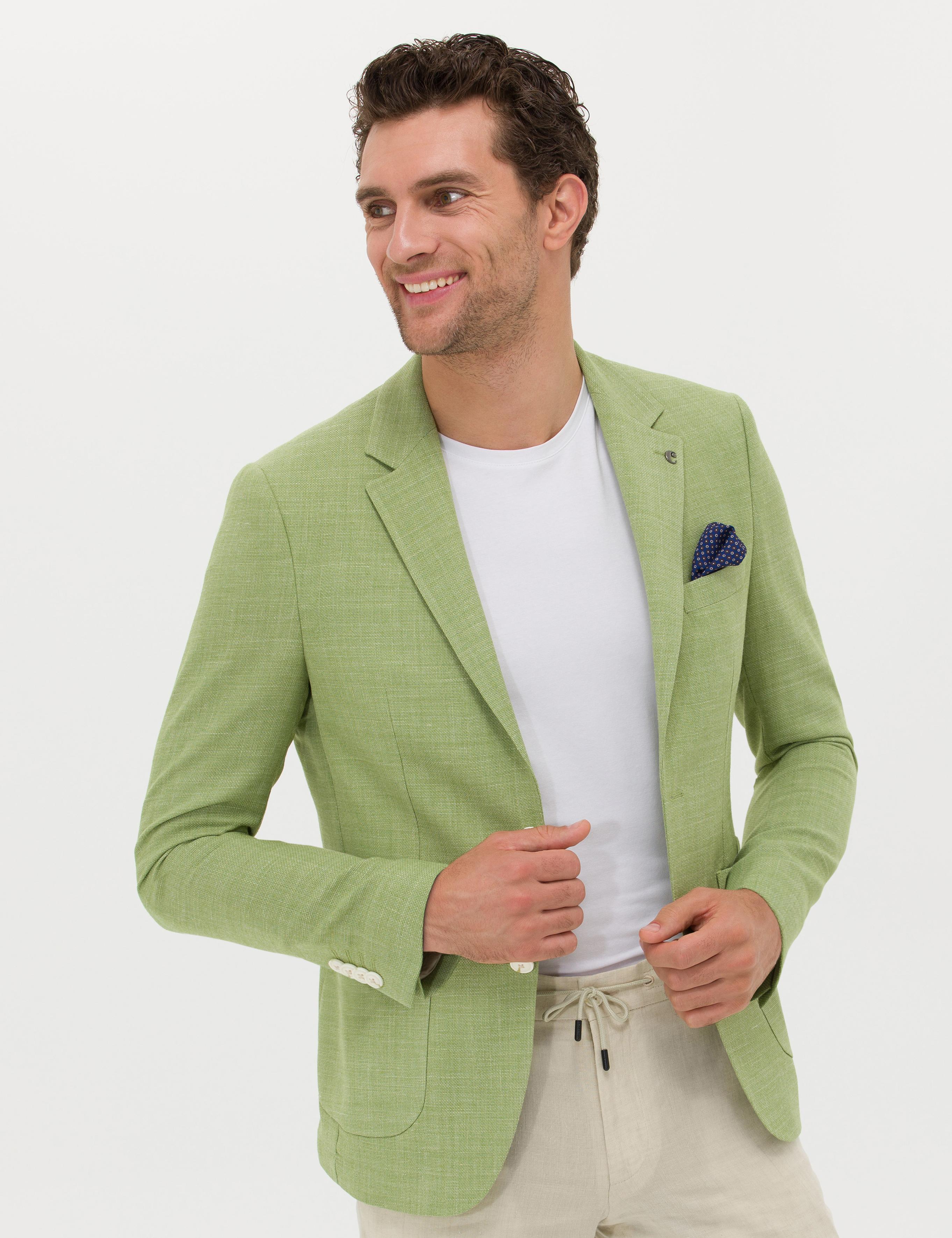 Yeşil Slim Fit Yün Keten Karışımlı Ceket - 50264777107
