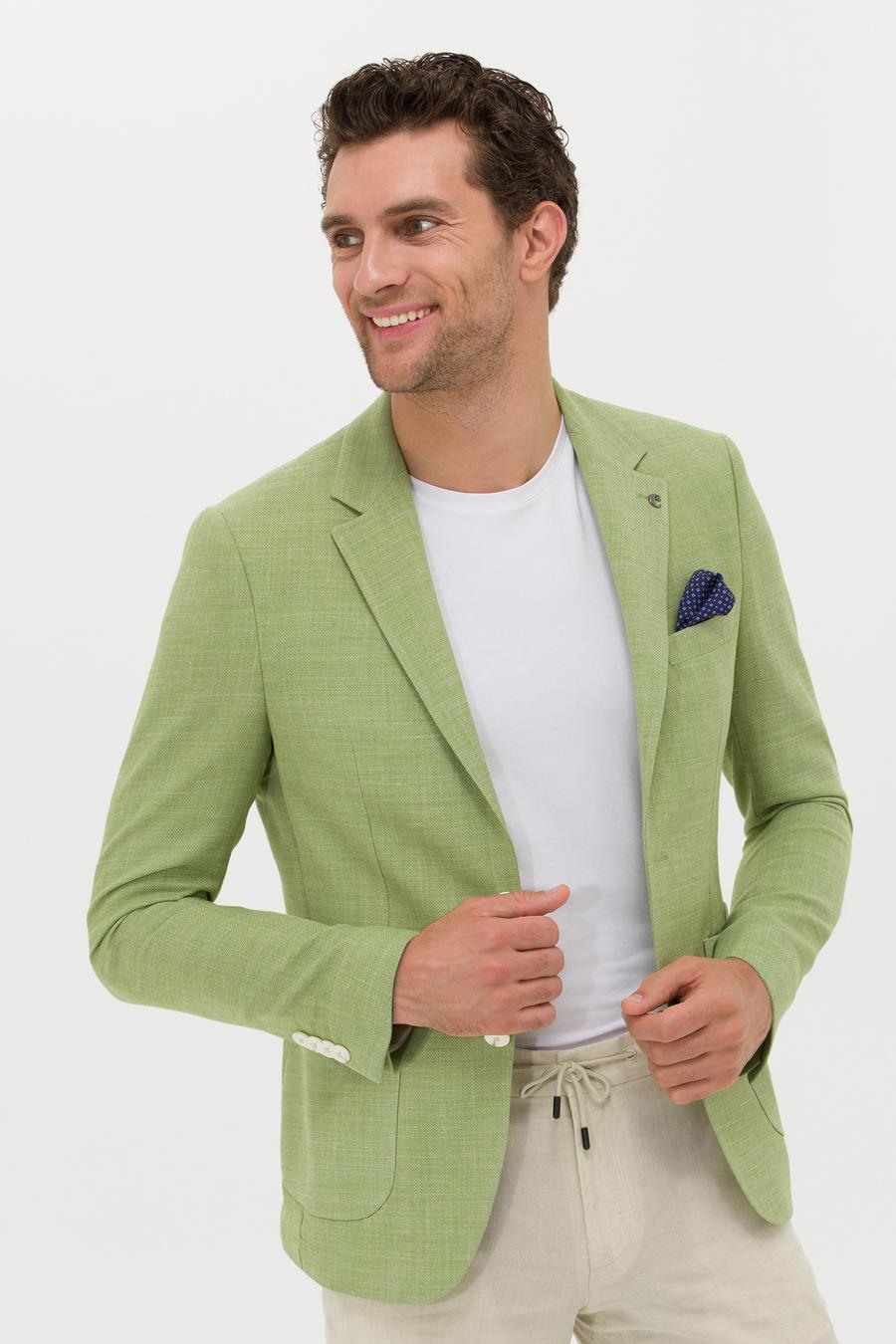 Yeşil Slim Fit Yün Keten Karışımlı Ceket - 50264777107