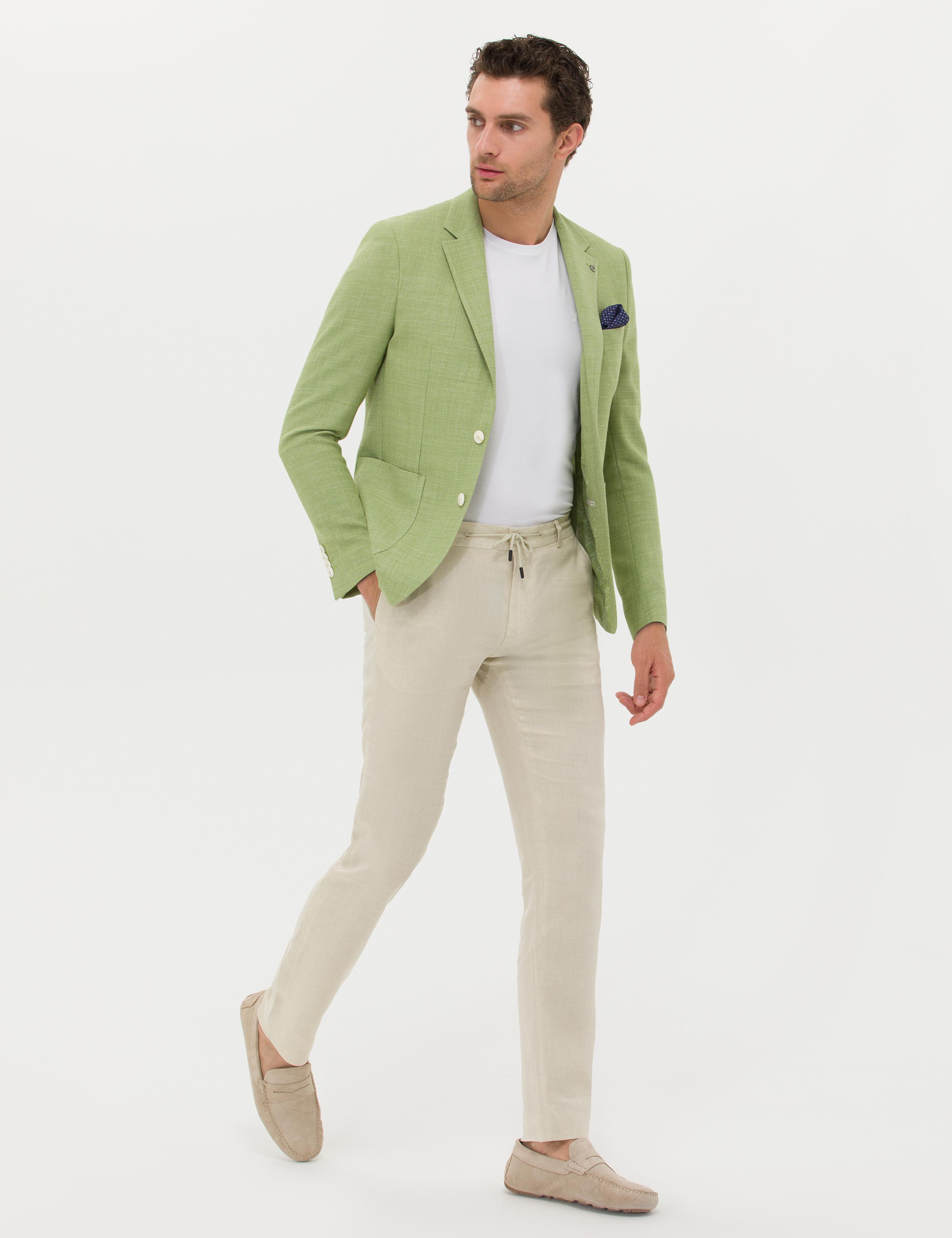 Yeşil Slim Fit Yün Keten Karışımlı Ceket - 50264777107