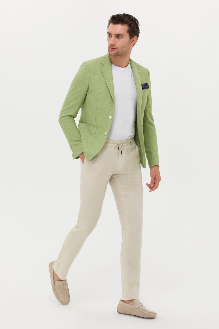 Yeşil Slim Fit Yün Keten Karışımlı Ceket - 50264777107