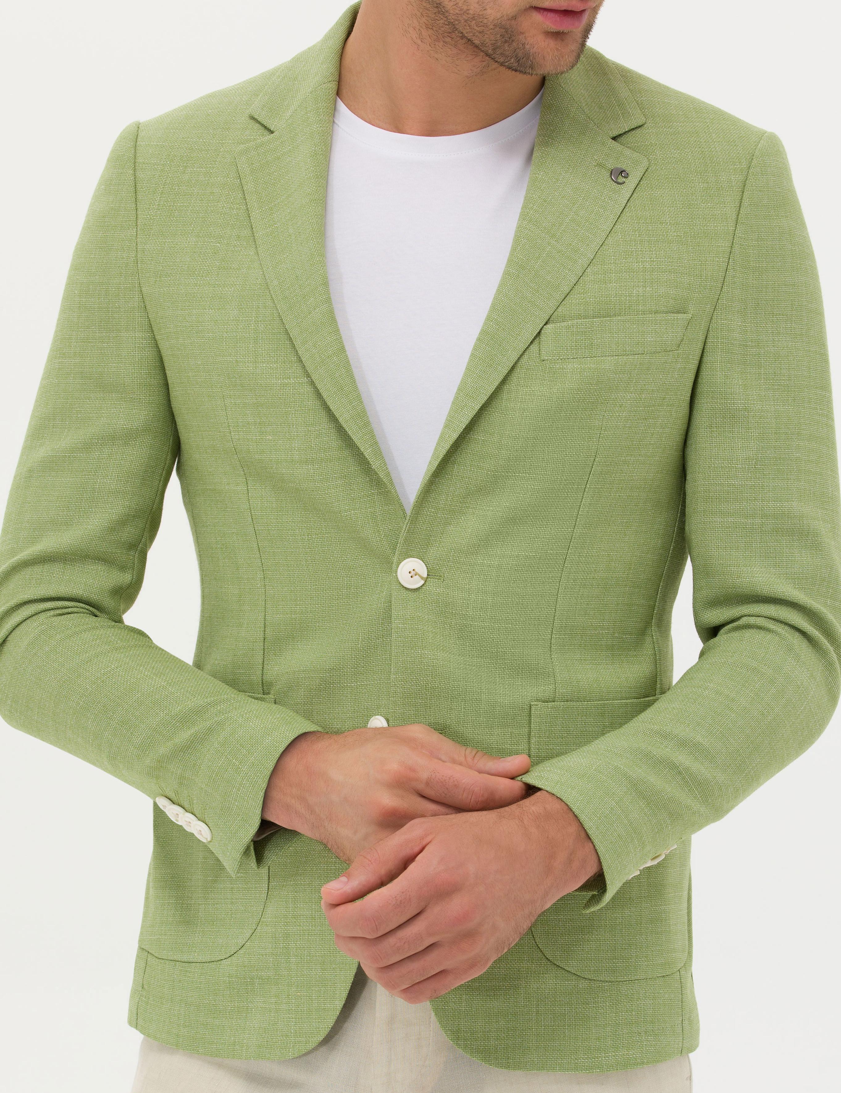 Yeşil Slim Fit Yün Keten Karışımlı Ceket - 50264777107
