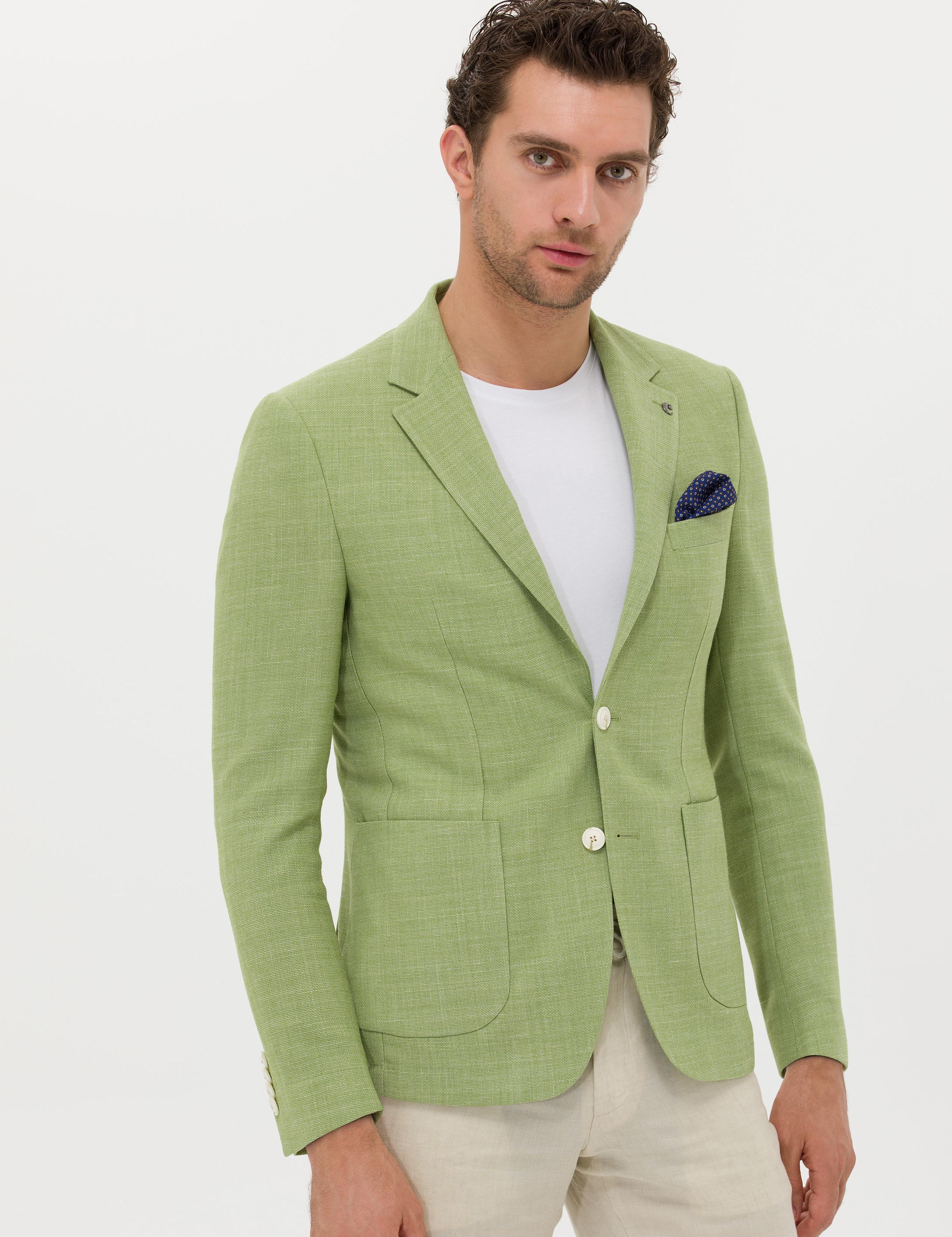Yeşil Slim Fit Yün Keten Karışımlı Ceket - 50264777107