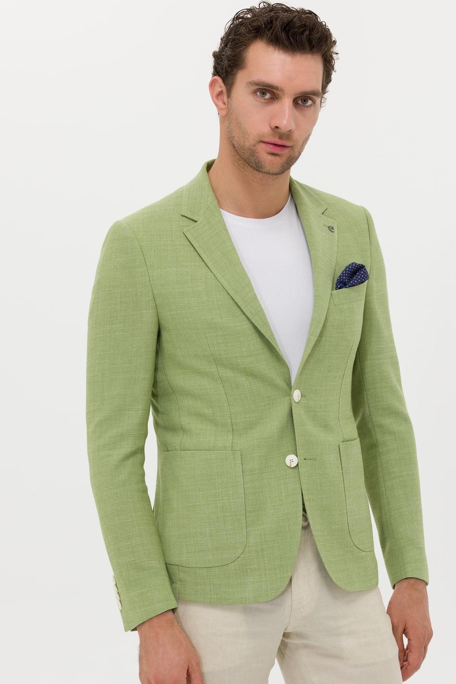 Yeşil Slim Fit Yün Keten Karışımlı Ceket - 50264777107