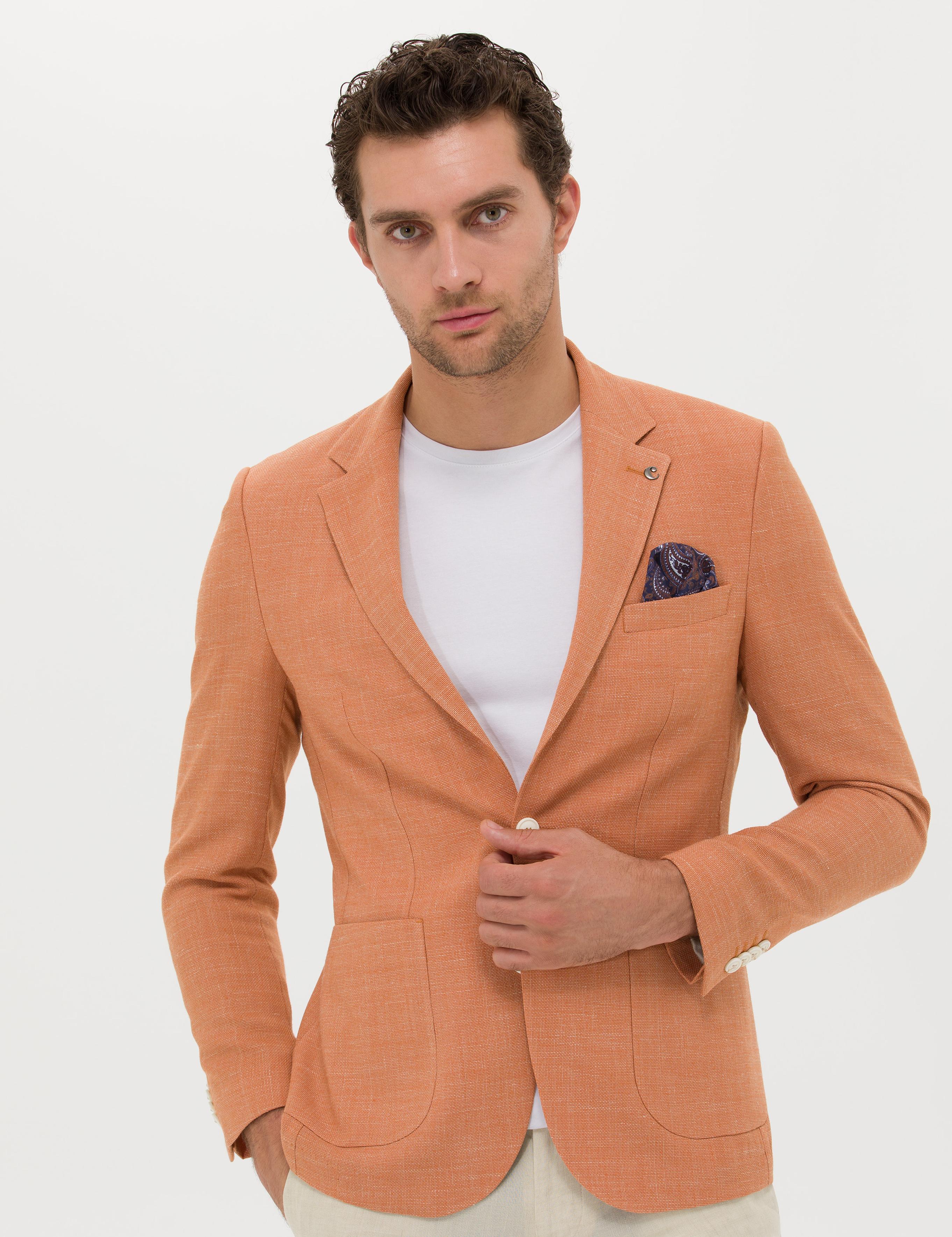 Turuncu Slim Fit Yün Keten Karışımlı Ceket - 50264777146