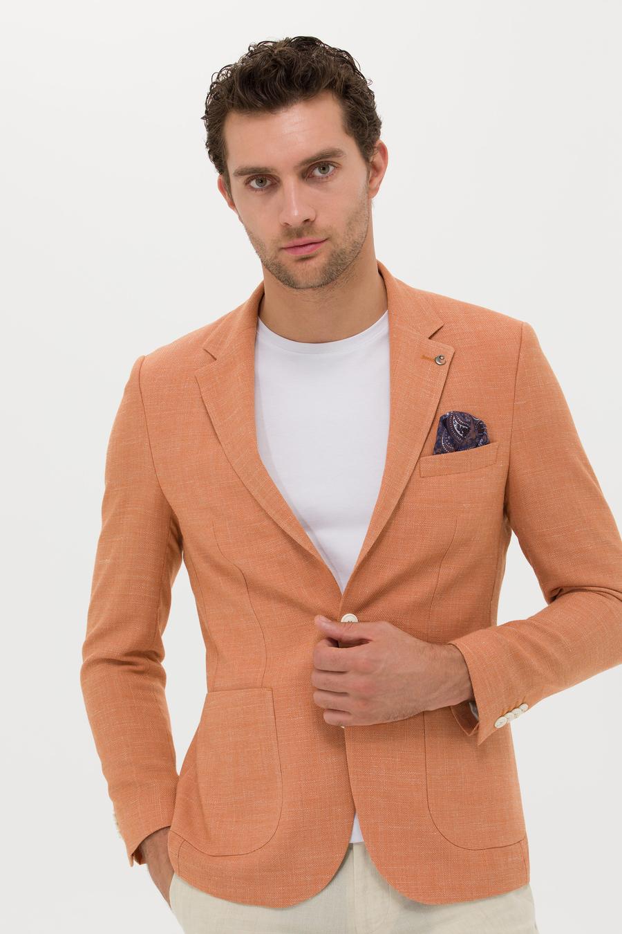 Turuncu Slim Fit Yün Keten Karışımlı Ceket - 50264777146