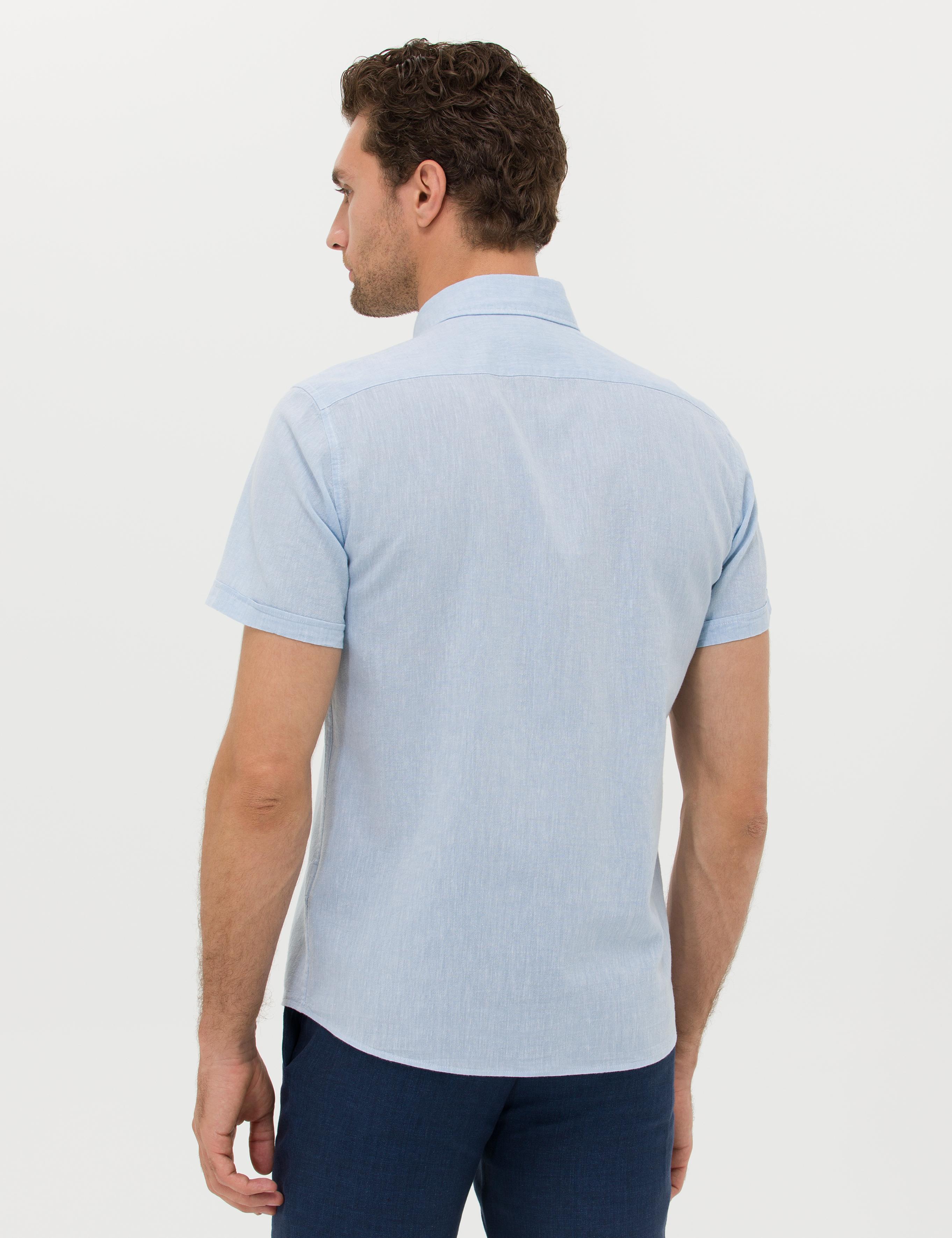 Açık Mavi Slim Fit Keten Karışımlı Kısakol Gömlek - 50269570196
