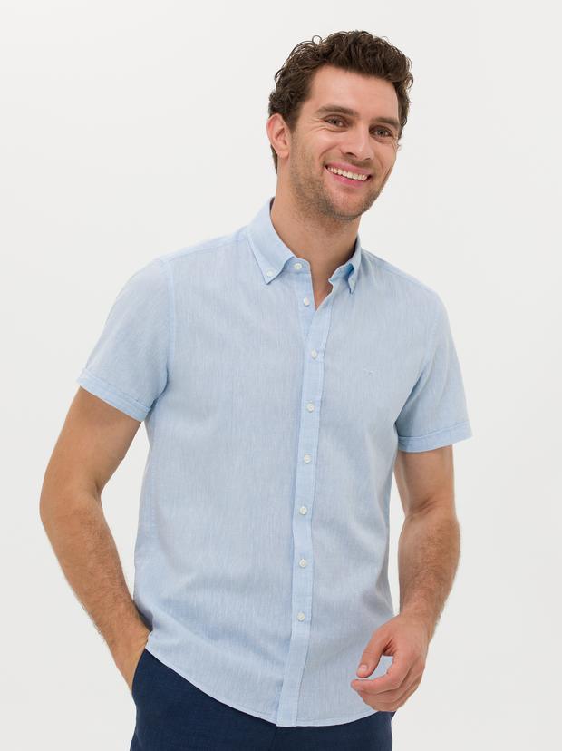 Açık Mavi Slim Fit Keten Karışımlı Kısakol Gömlek