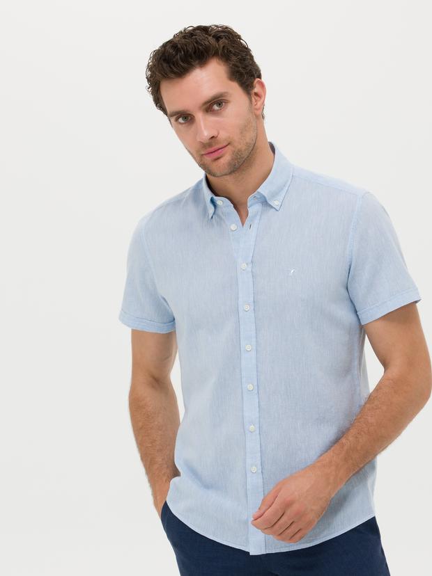 Açık Mavi Slim Fit Keten Karışımlı Kısakol Gömlek