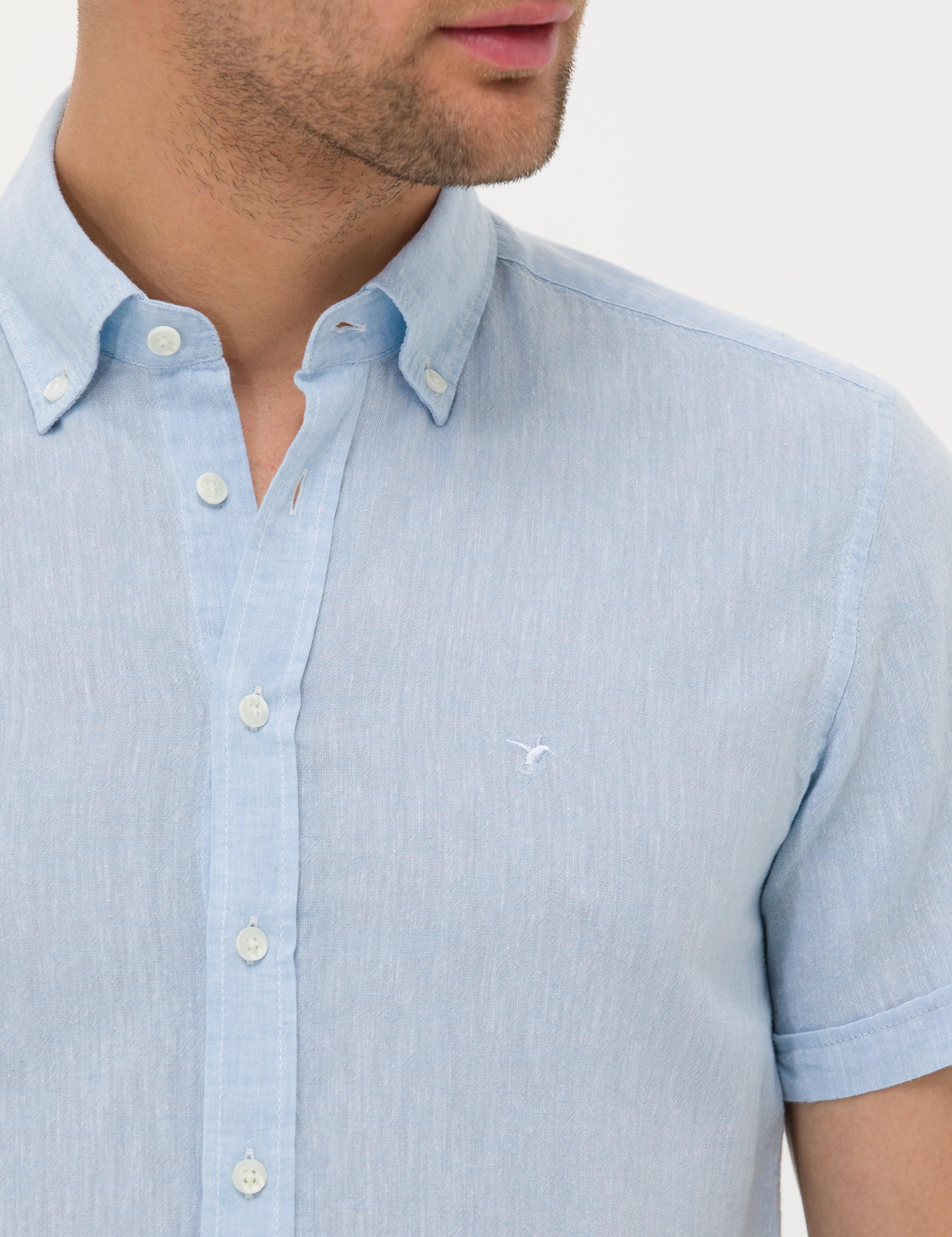 Açık Mavi Slim Fit Keten Karışımlı Kısakol Gömlek - 50269570196