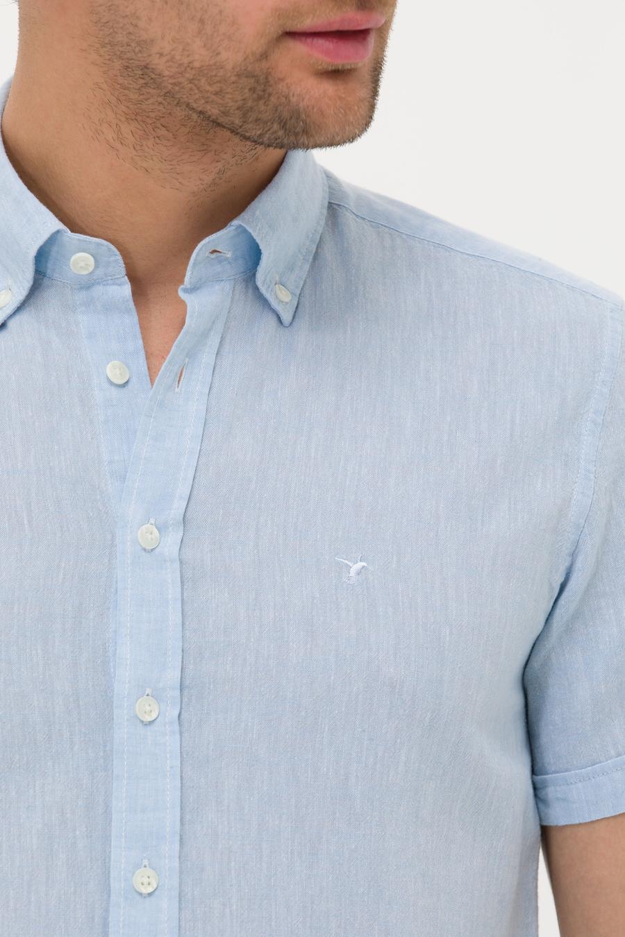 Açık Mavi Slim Fit Keten Karışımlı Kısakol Gömlek - 50269570196