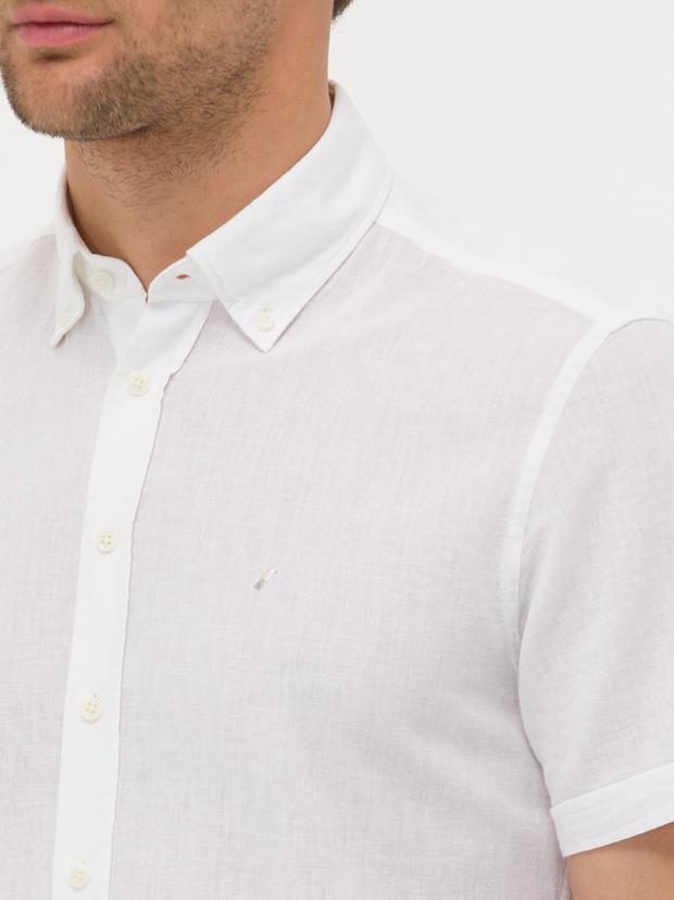 Beyaz Slim Fit Keten Karışımlı Kısakol Gömlek