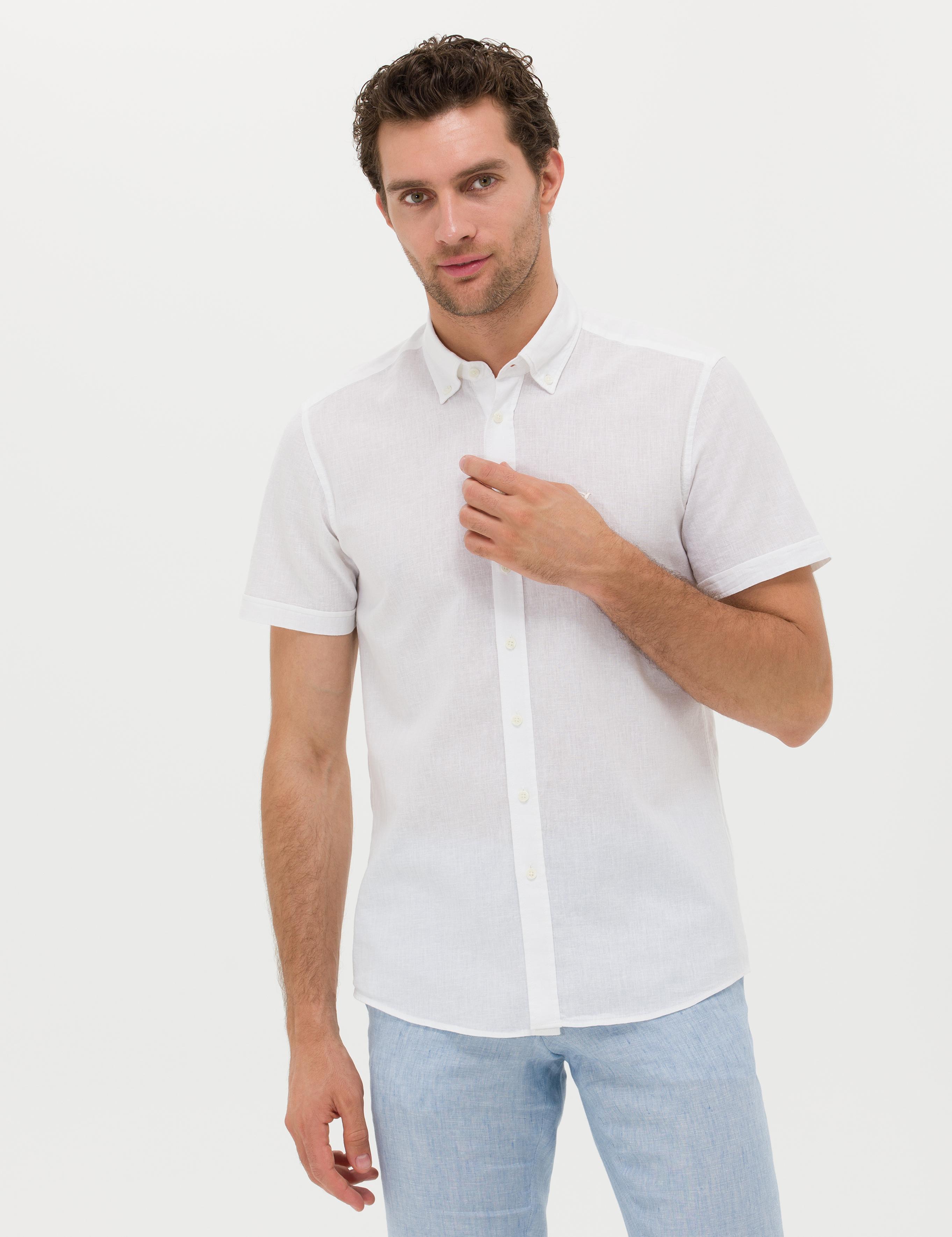 Beyaz Slim Fit Keten Karışımlı Kısakol Gömlek - 50269570207