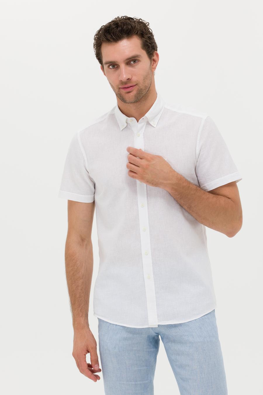 Beyaz Slim Fit Keten Karışımlı Kısakol Gömlek - 50269570207