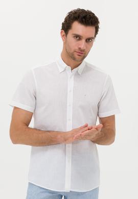 Beyaz Slim Fit Keten Karışımlı Kısakol Gömlek