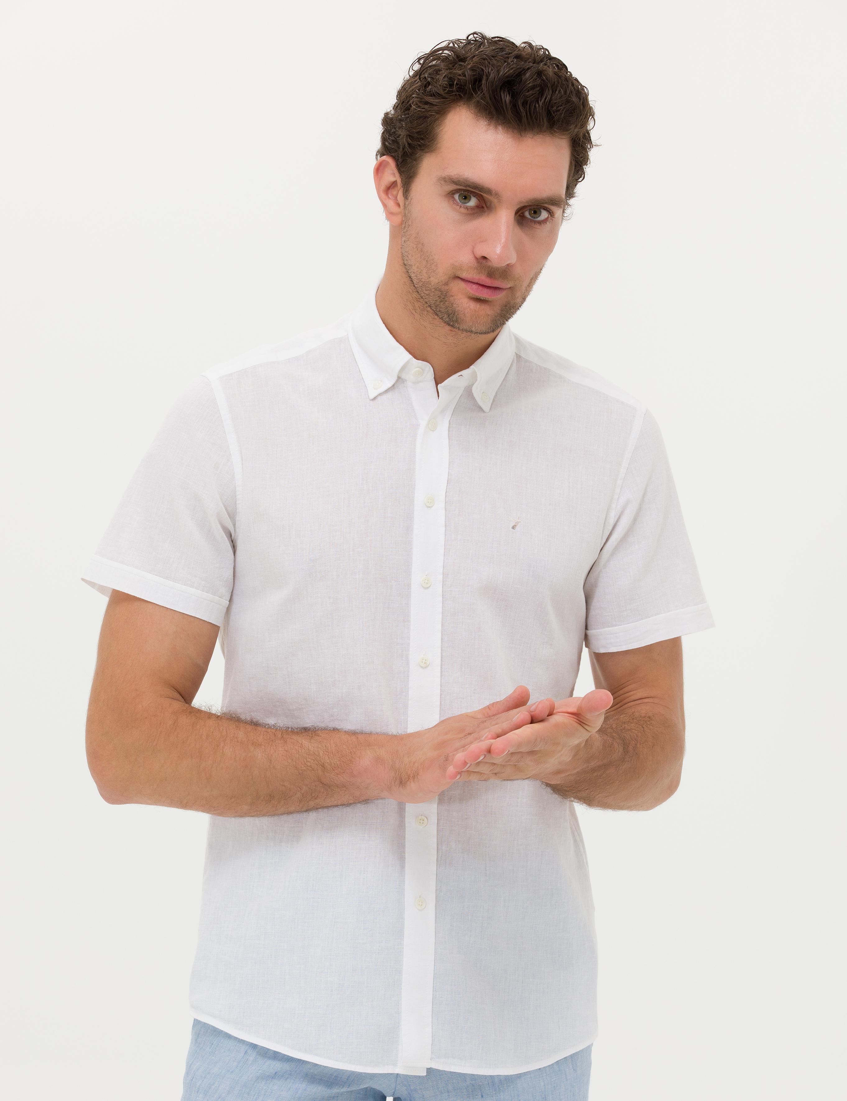 Beyaz Slim Fit Keten Karışımlı Kısakol Gömlek - 50269570207