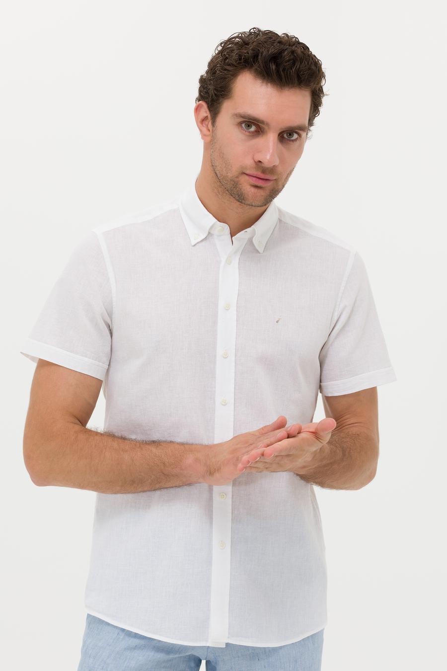 Beyaz Slim Fit Keten Karışımlı Kısakol Gömlek - 50269570207