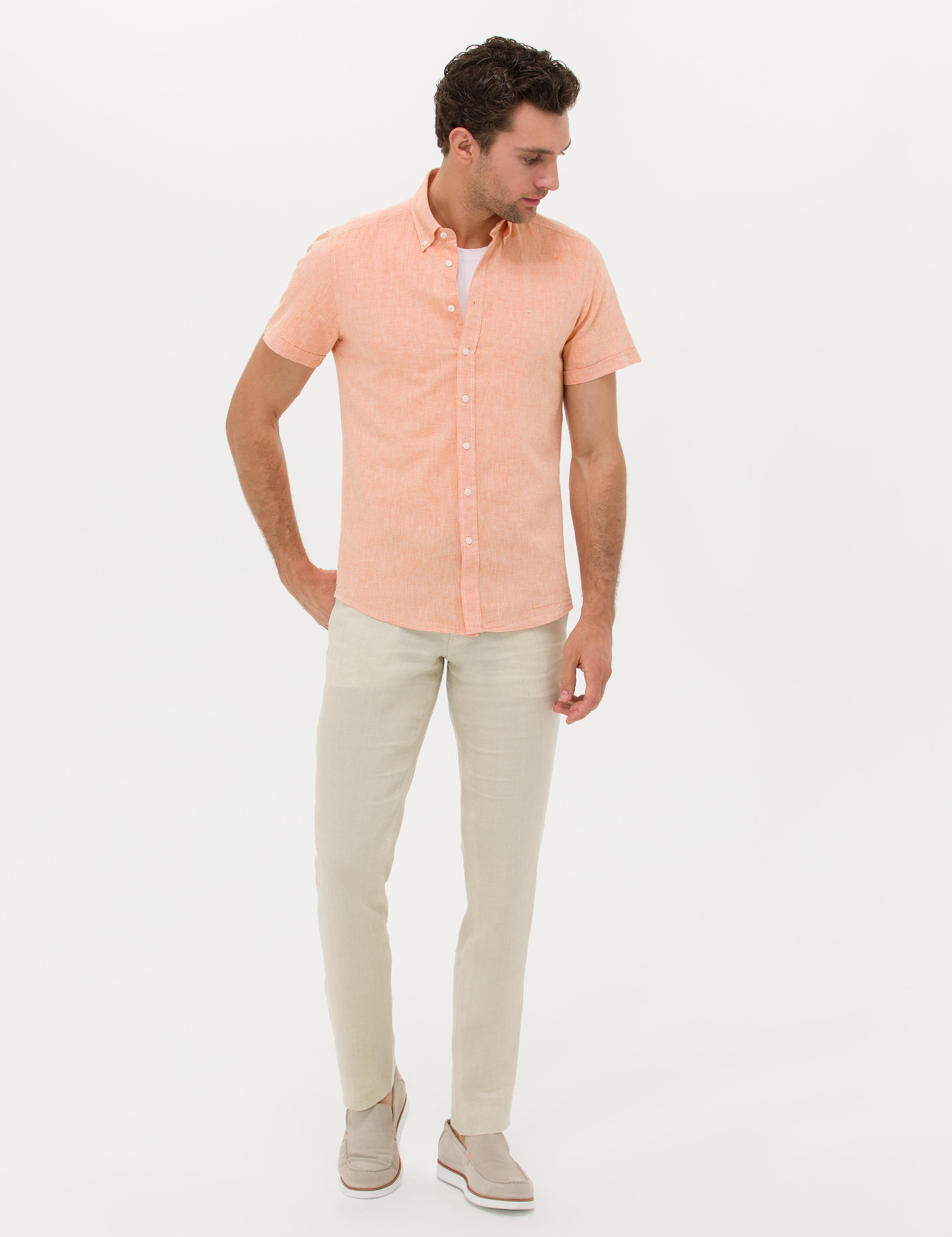 Turuncu Slim Fit Keten Karışımlı Kısakol Gömlek - 50269570222