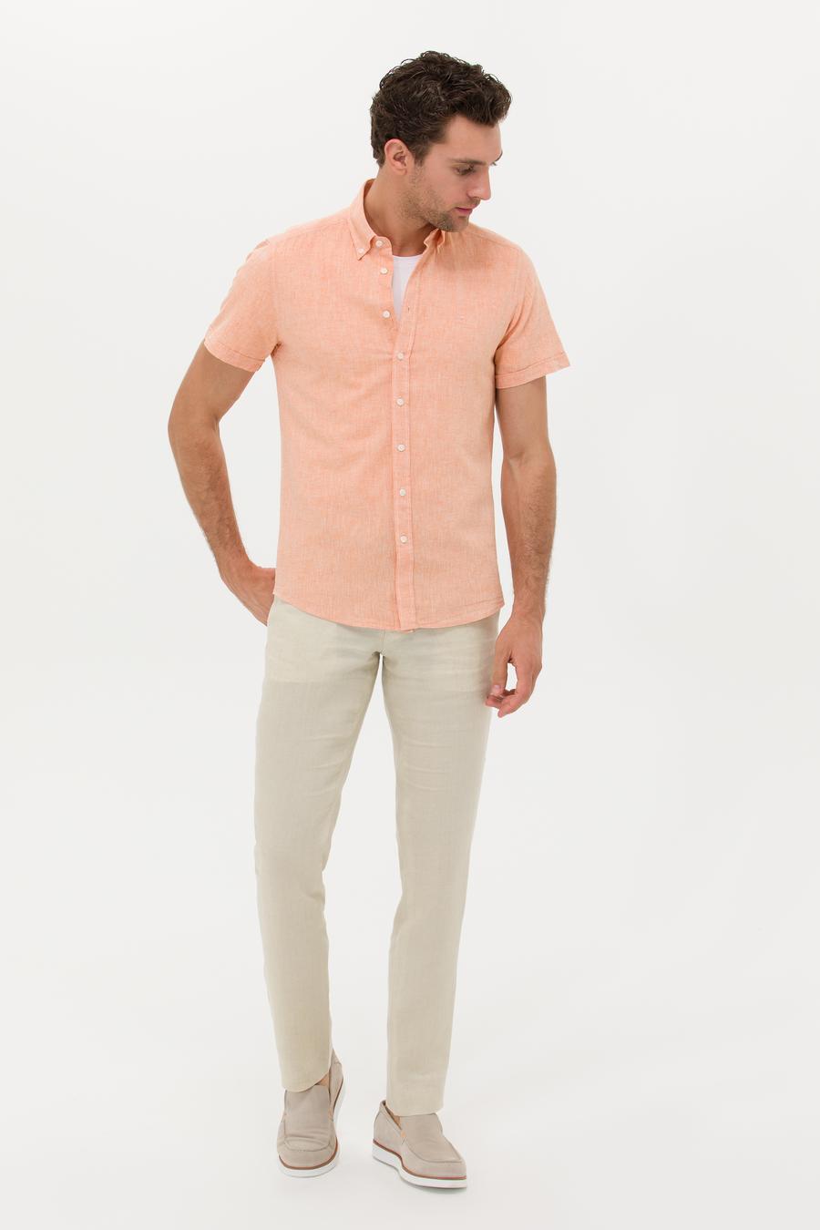 Turuncu Slim Fit Keten Karışımlı Kısakol Gömlek - 50269570222