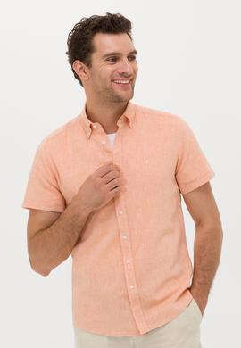 Turuncu Slim Fit Keten Karışımlı Kısakol Gömlek