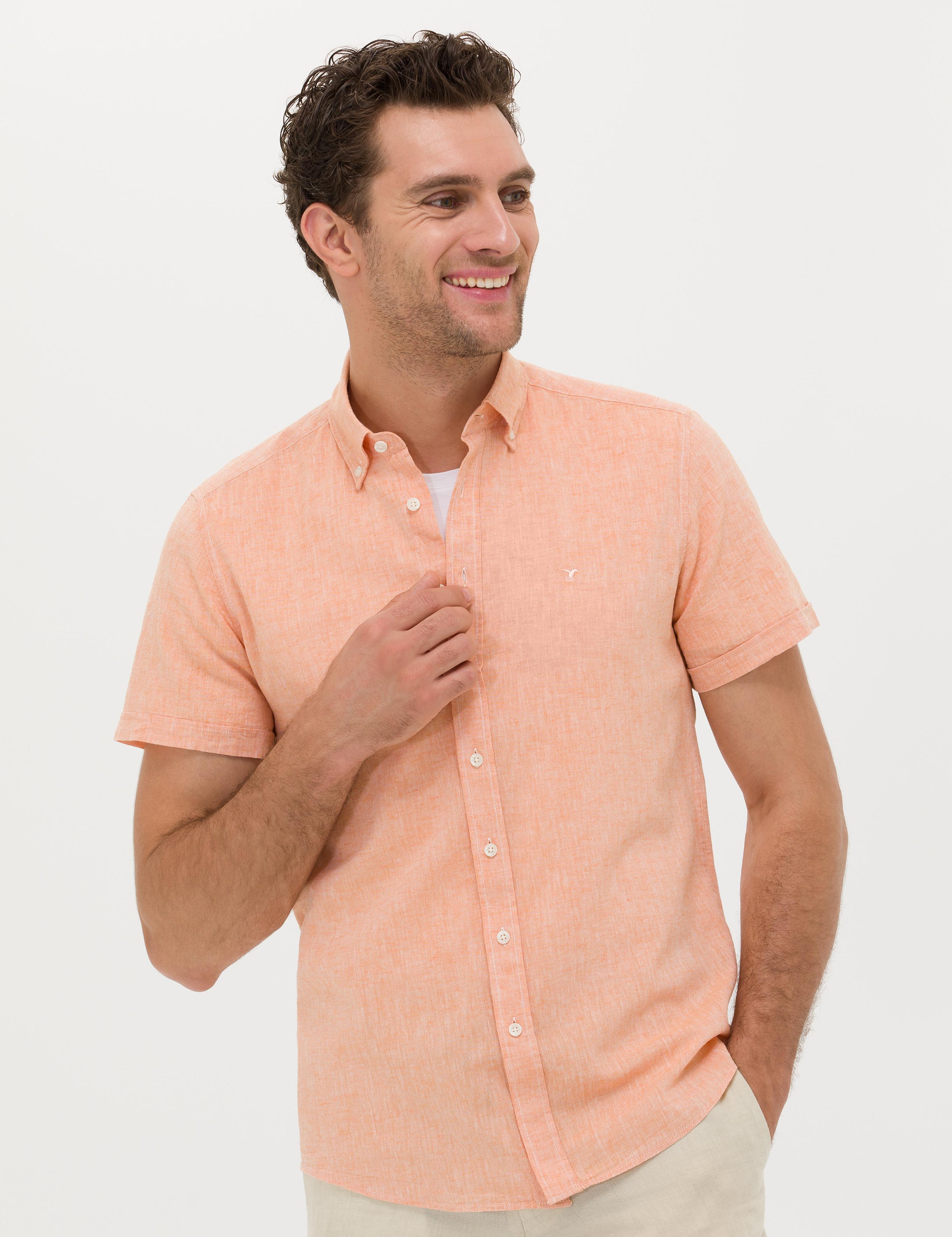 Turuncu Slim Fit Keten Karışımlı Kısakol Gömlek - 50269570222