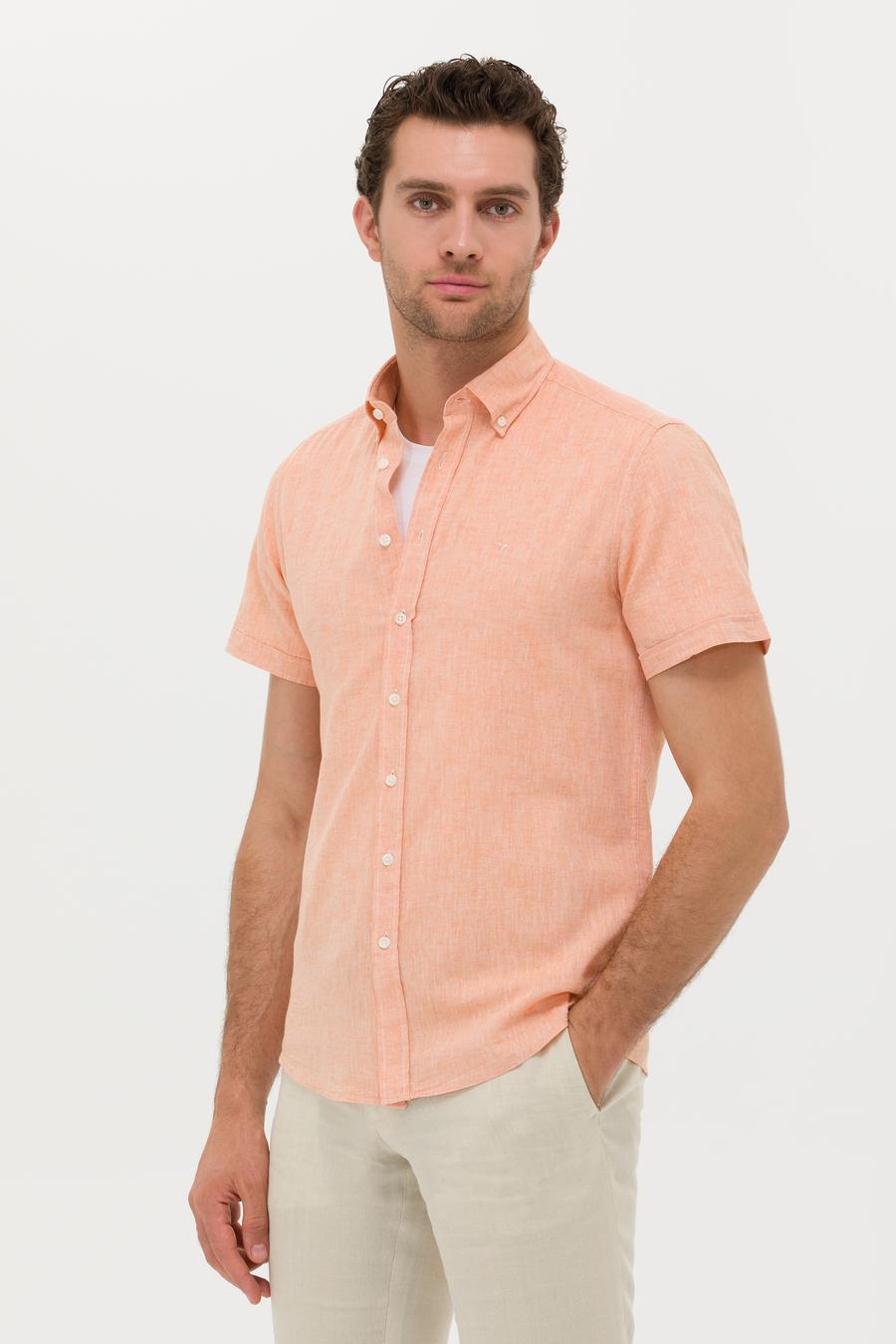 Turuncu Slim Fit Keten Karışımlı Kısakol Gömlek - 50269570222