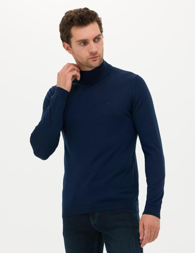 Lacivert Slim Fit Yarım Balıkçı Basic Triko Kazak