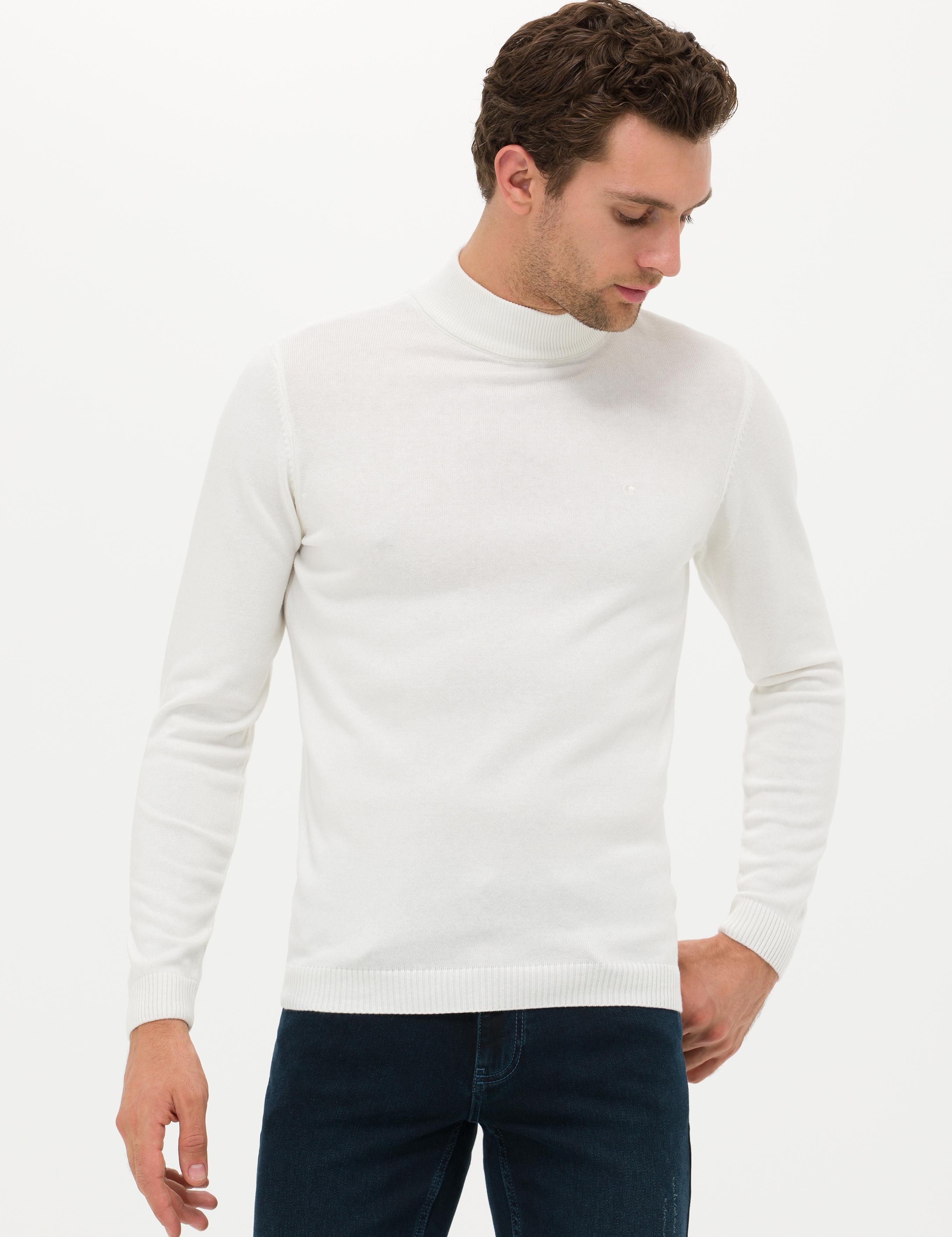Ekru Slim Fit Yarım Balıkçı Basic Triko Kazak - 50257392066