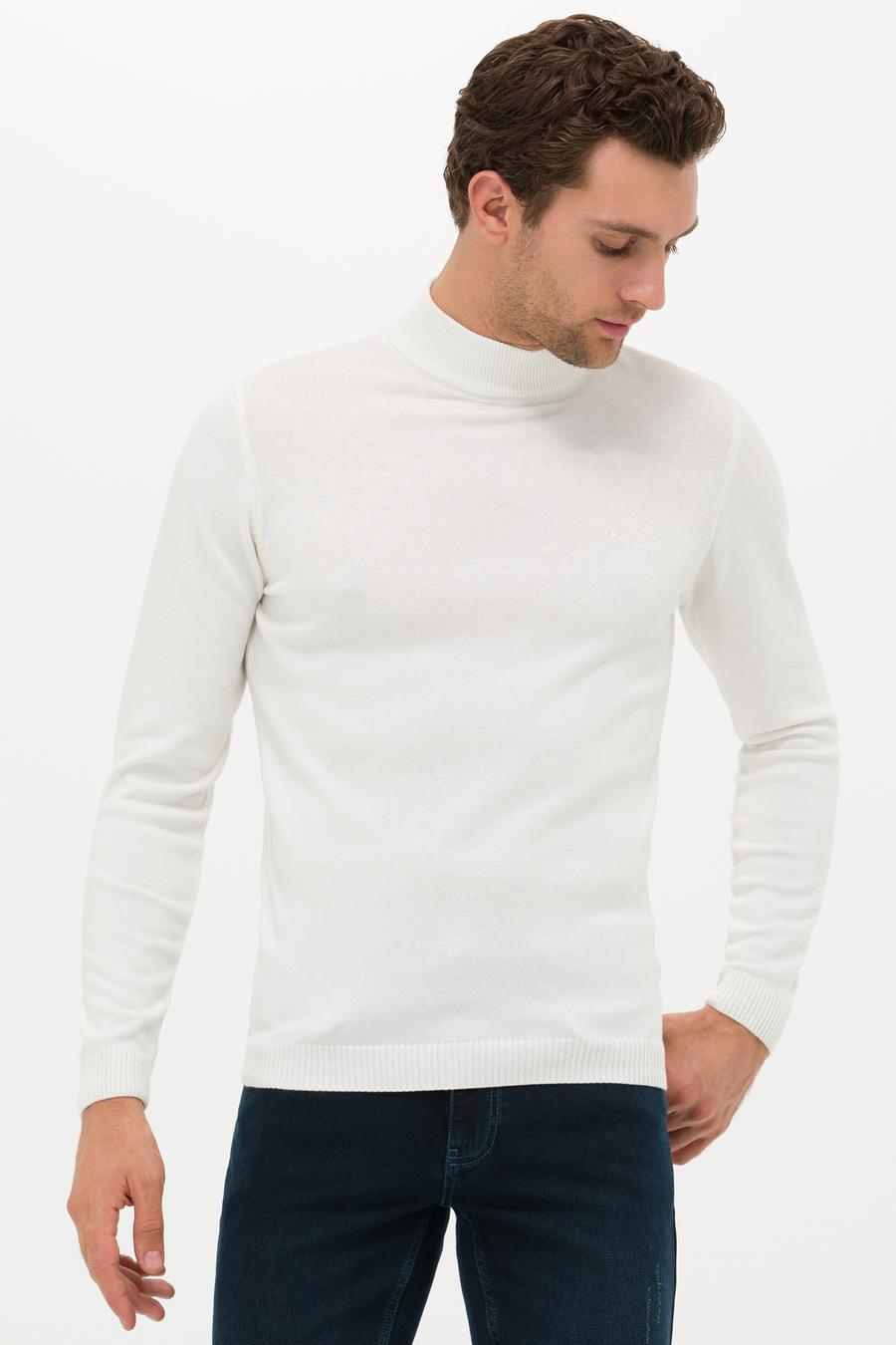 Ekru Slim Fit Yarım Balıkçı Basic Triko Kazak - 50257392066