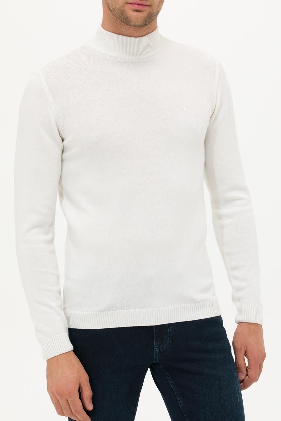 Ekru Slim Fit Yarım Balıkçı Basic Triko Kazak - 50257392066