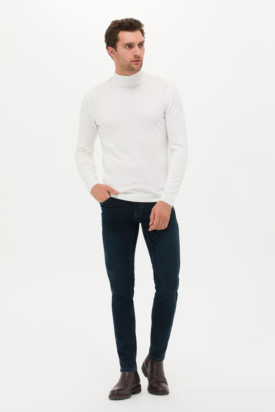 Ekru Slim Fit Yarım Balıkçı Basic Triko Kazak - 50257392066