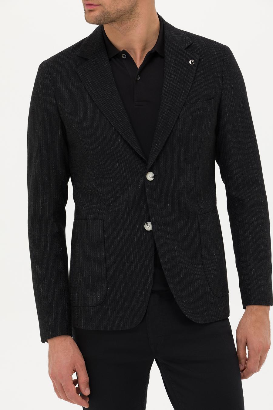 Siyah Slim Fit Yün Keten Karışımlı Ceket - 50264776021