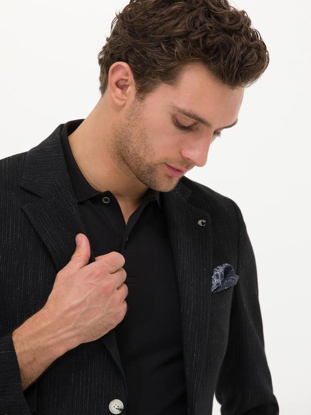 Siyah Slim Fit Yün Keten Karışımlı Ceket