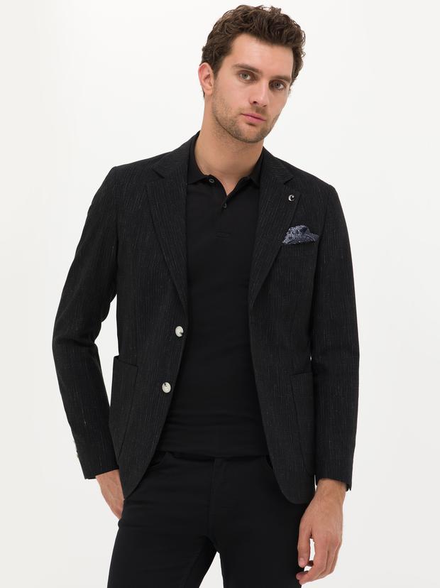 Siyah Slim Fit Yün Keten Karışımlı Ceket