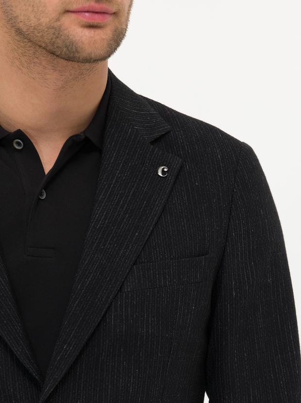 Siyah Slim Fit Yün Keten Karışımlı Ceket