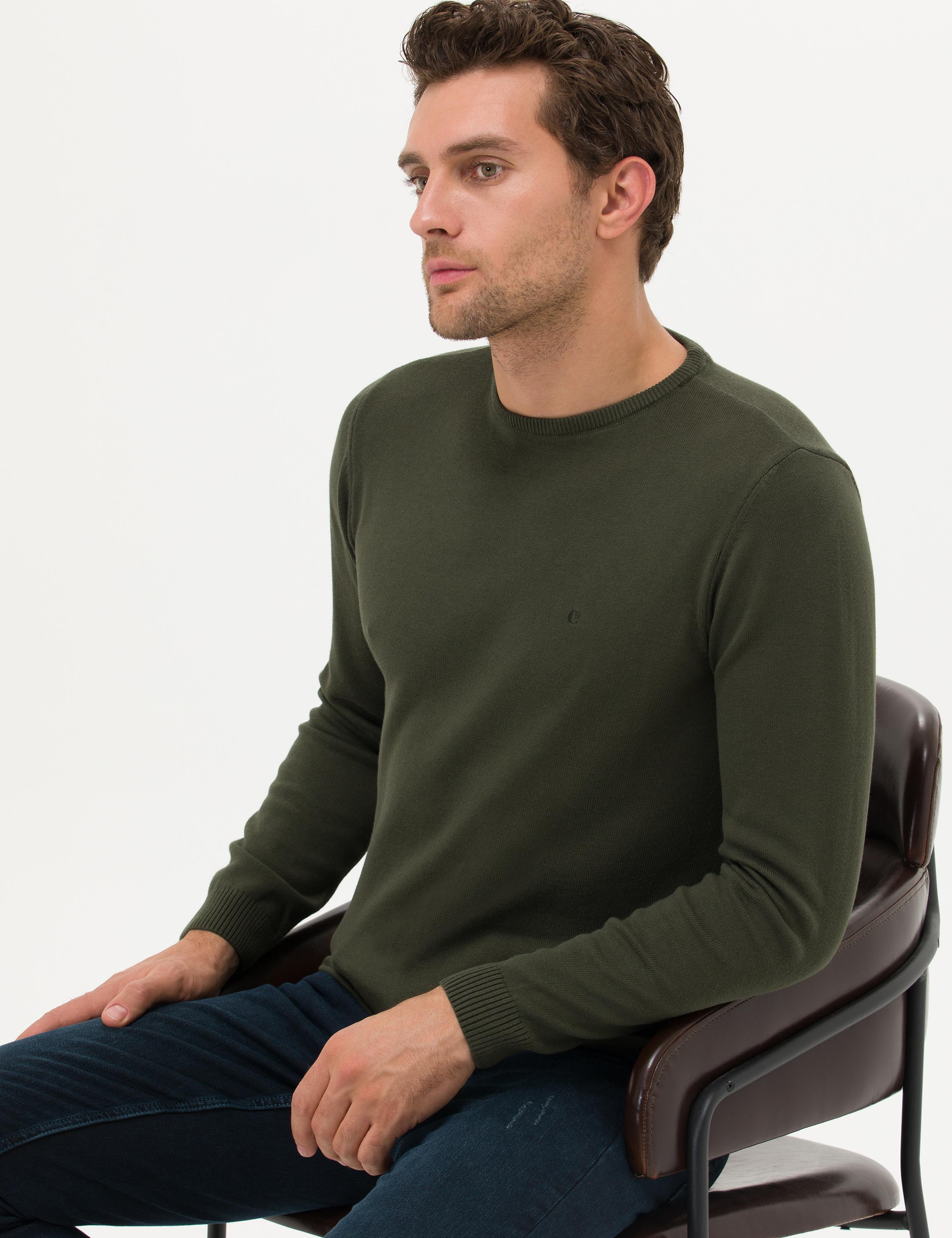 Haki Slim Fit Pamuk Karışımlı Bisiklet Yaka Basic Triko Kazak - 50257379066