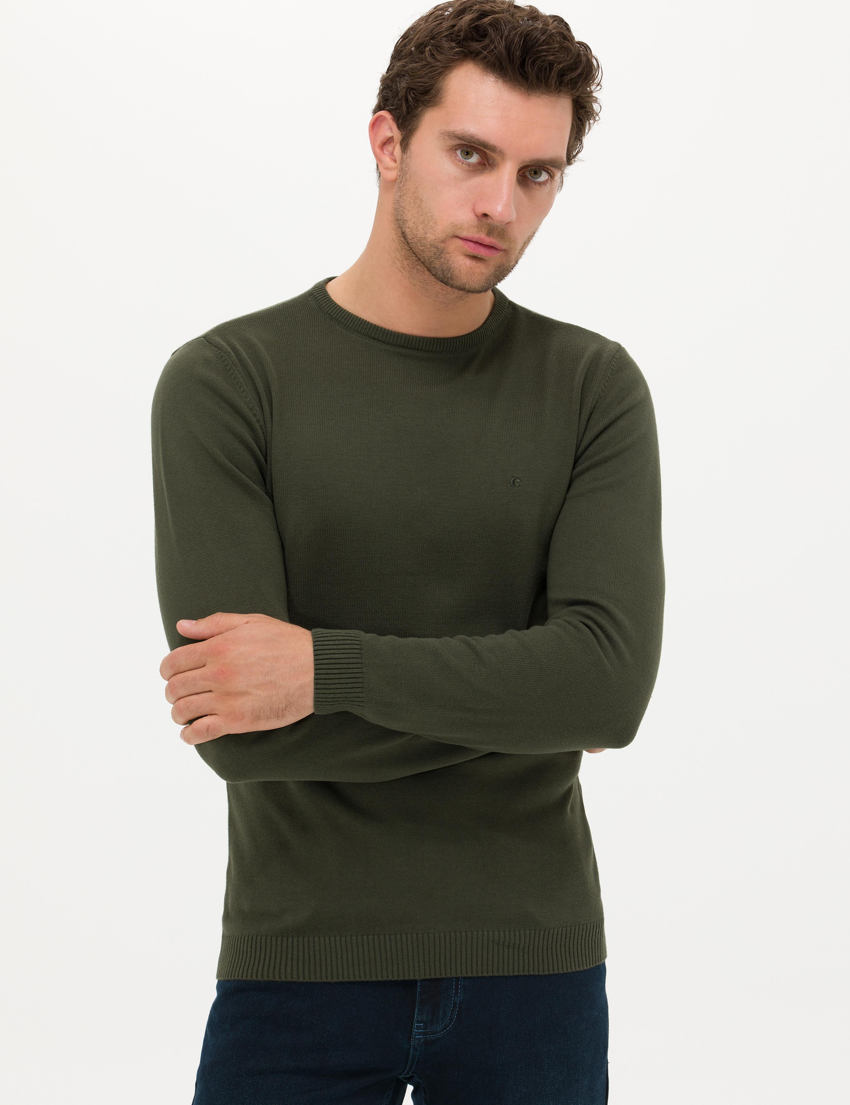 Haki Slim Fit Pamuk Karışımlı Bisiklet Yaka Basic Triko Kazak - 50257379066