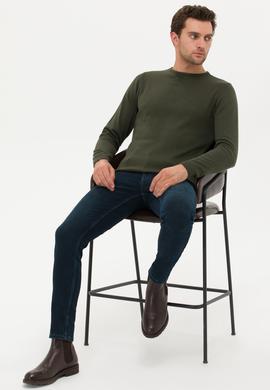 Haki Slim Fit Pamuk Karışımlı Bisiklet Yaka Basic Triko Kazak