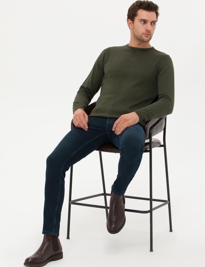 Haki Slim Fit Pamuk Karışımlı Bisiklet Yaka Basic Triko Kazak