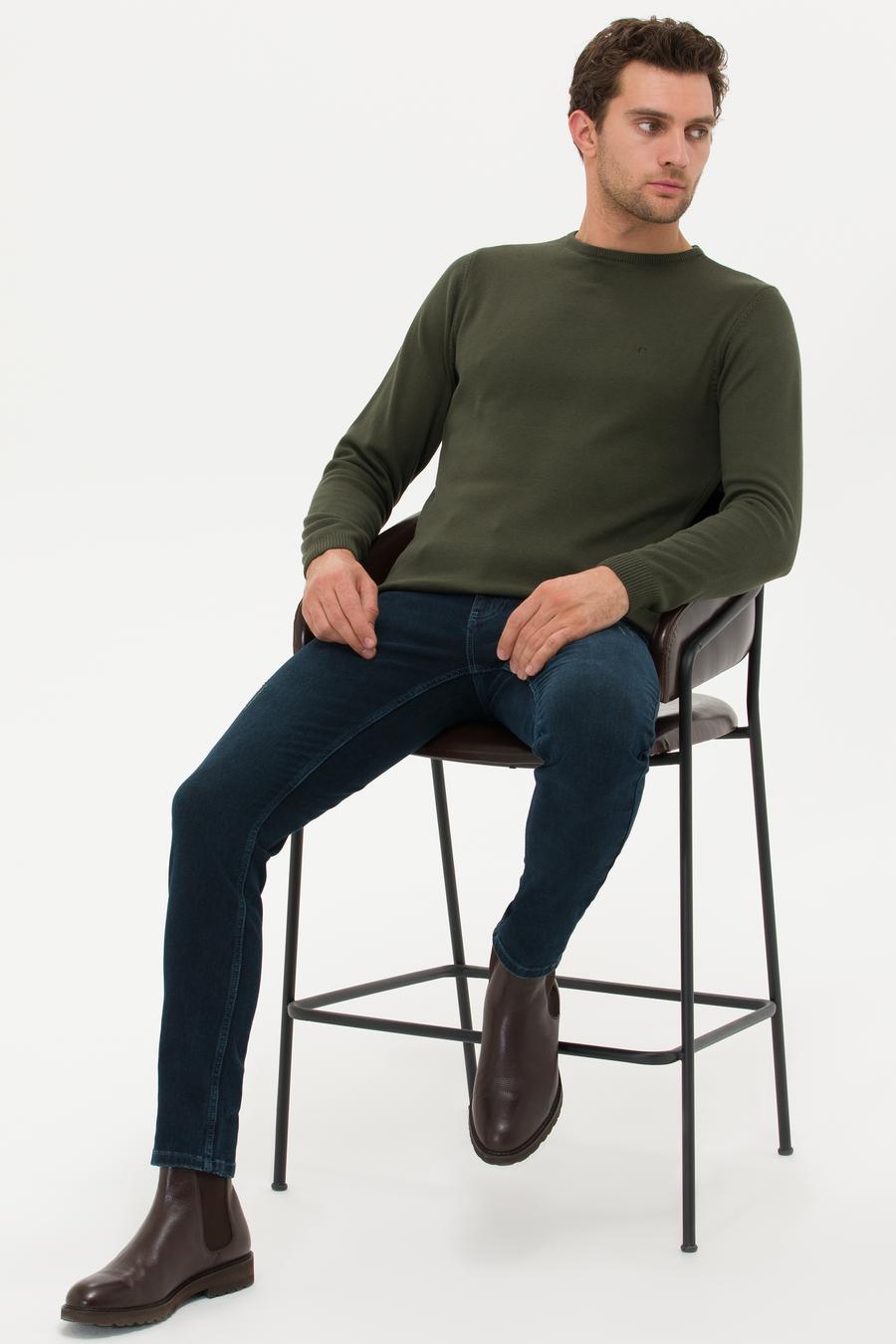 Haki Slim Fit Pamuk Karışımlı Bisiklet Yaka Basic Triko Kazak - 50257379066