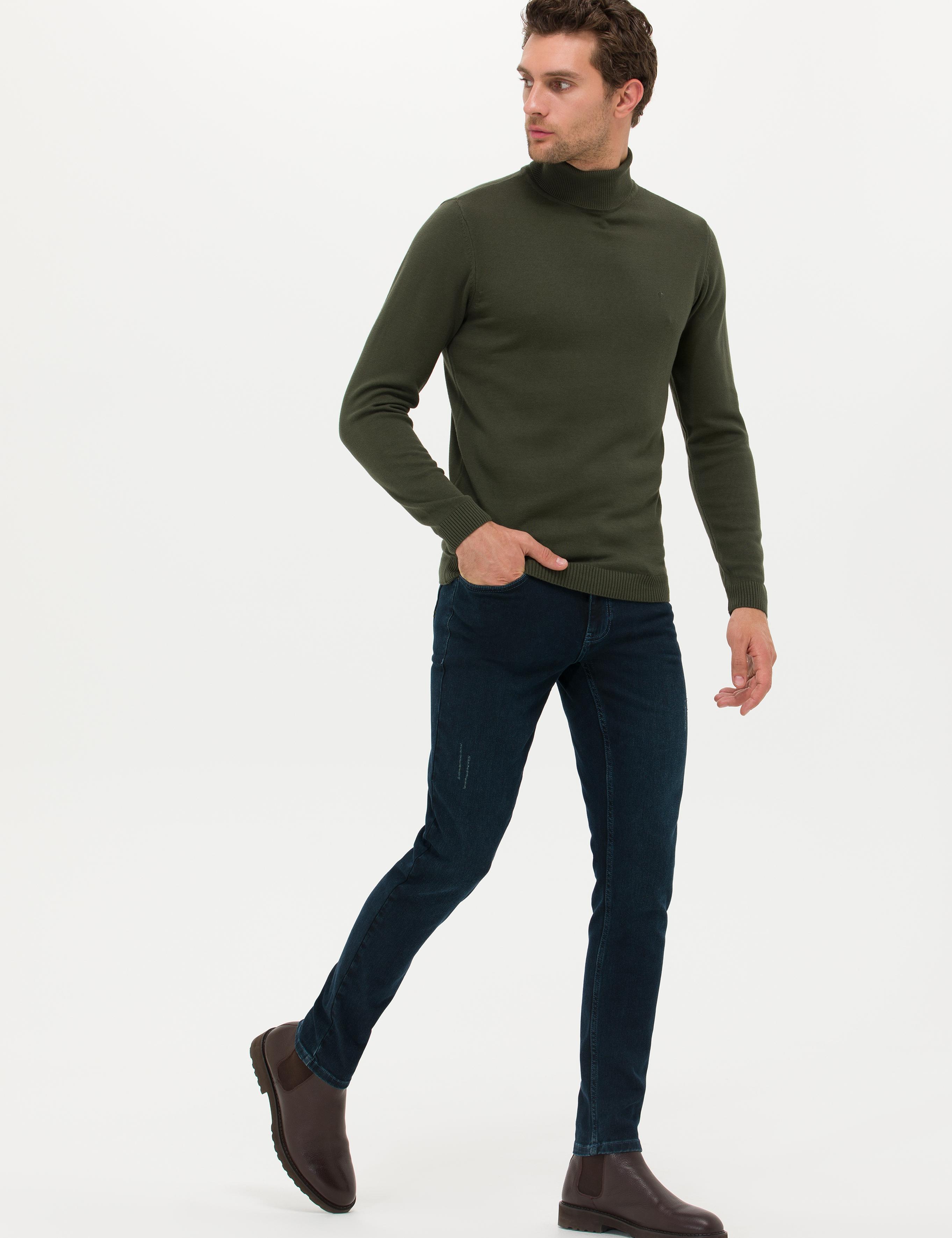 Haki Slim Fit Balıkçı Yaka Basic Triko Kazak - 50257385037