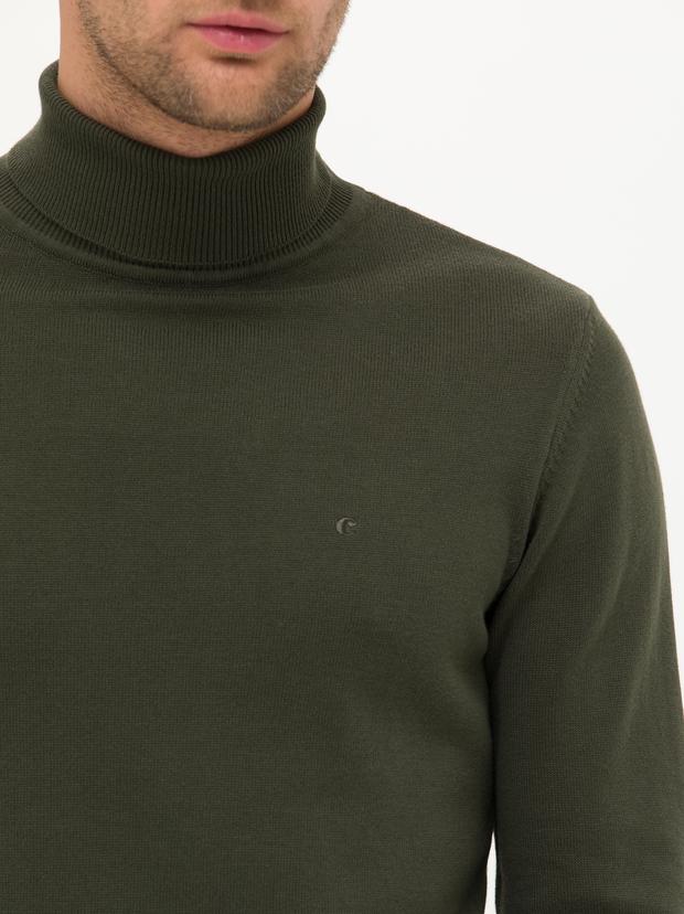 Haki Slim Fit Balıkçı Yaka Basic Triko Kazak