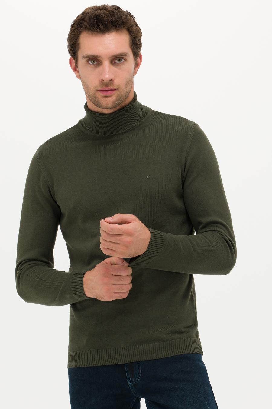 Haki Slim Fit Balıkçı Yaka Basic Triko Kazak - 50257385037