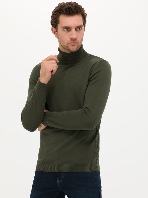 Haki Slim Fit Balıkçı Yaka Basic Triko Kazak