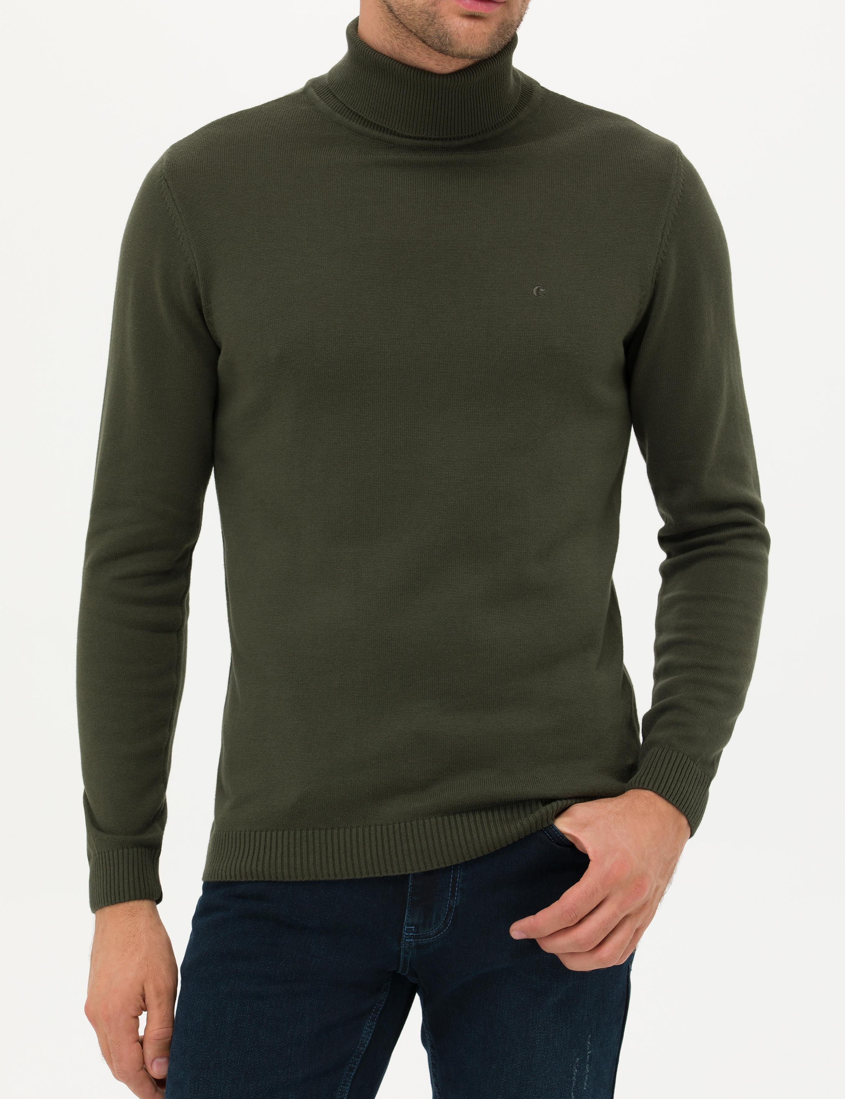 Haki Slim Fit Balıkçı Yaka Basic Triko Kazak - 50257385037