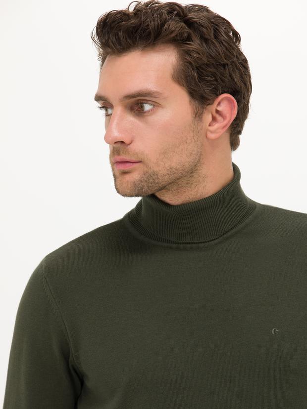 Haki Slim Fit Balıkçı Yaka Basic Triko Kazak