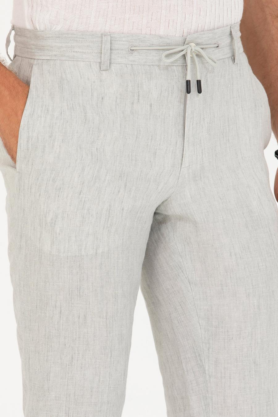 Açık Gri Slim Fit Beli Bağcıklı Keten Pantolon - 50268873006