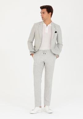 Açık Gri Slim Fit Beli Bağcıklı Keten Pantolon