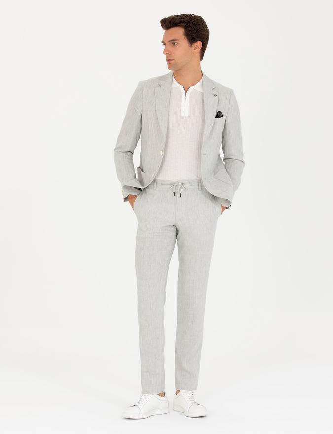 Açık Gri Slim Fit Beli Bağcıklı Keten Pantolon
