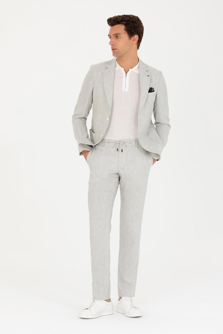 Açık Gri Slim Fit Beli Bağcıklı Keten Pantolon - 50268873006