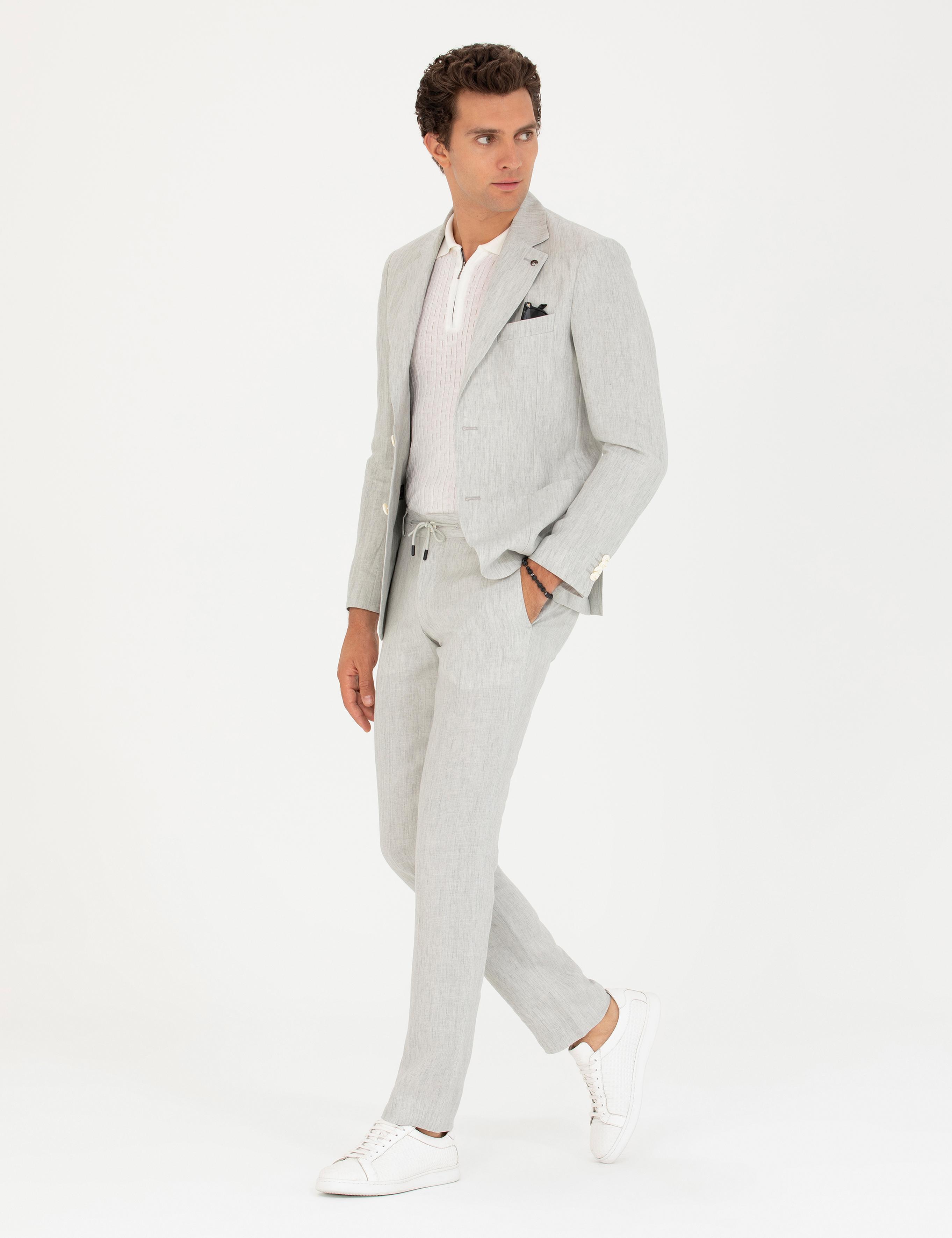 Açık Gri Slim Fit Beli Bağcıklı Keten Pantolon - 50268873006